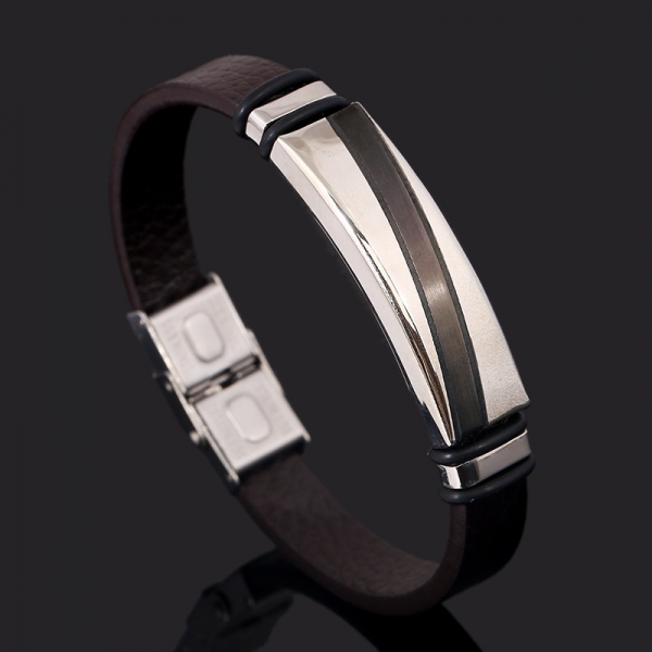 Black Braided Leather Wristband Bracelet Stainless Steel Mens Womens Boys Girls