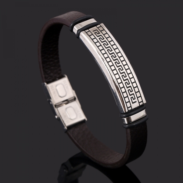Black Braided Leather Wristband Bracelet Stainless Steel Mens Womens Boys Girls