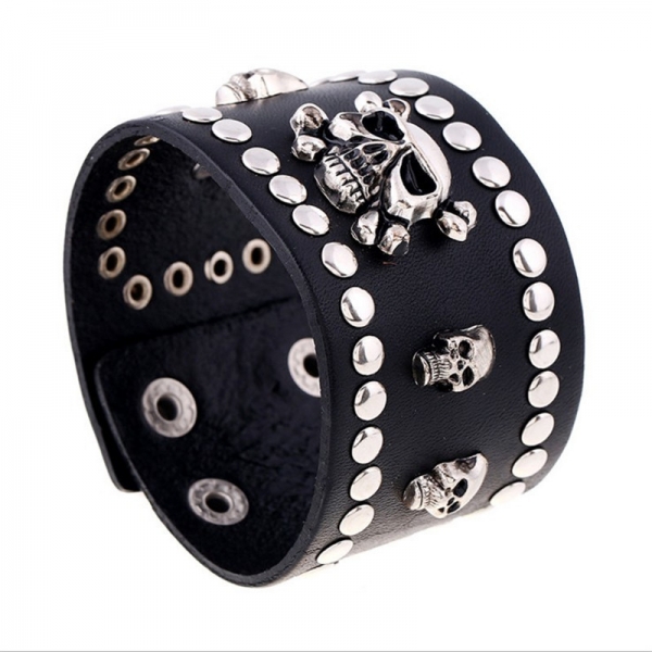 Large Skeleton Skulls Black Leather Wristband Bracelet Mens Womens Boys Girls