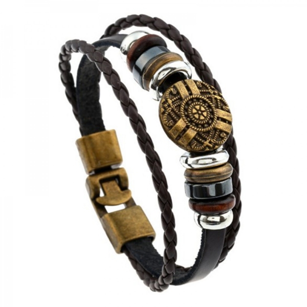 Retro Bronze Button Beads Braided Leather Wristband Bracelet Mens Womens Teens