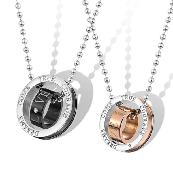 Black Gold Titanium Steel Diamante Double Rings Pendant Lovers Couple Necklace