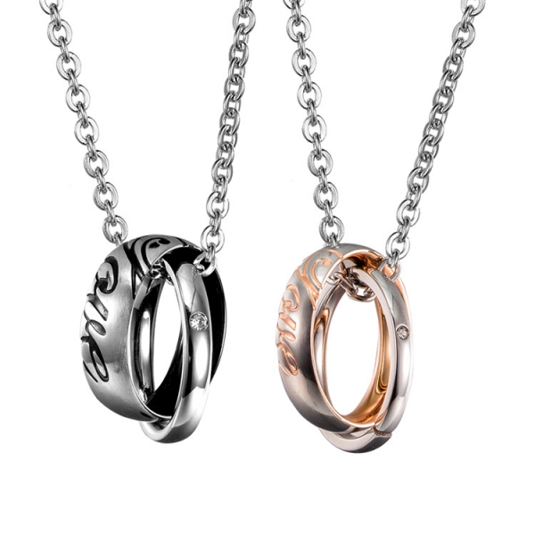 Black Gold Titanium Steel Diamante Double Rings Pendant Lovers Couple Necklace