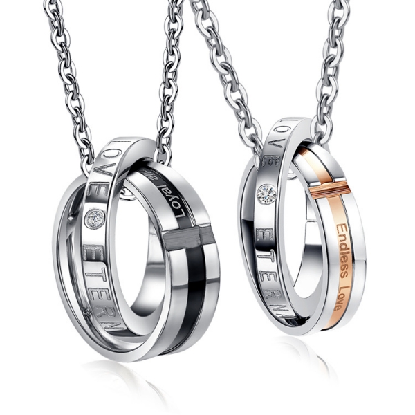 Black Gold Titanium Steel Diamante Double Rings Pendant Lovers Couple Necklace