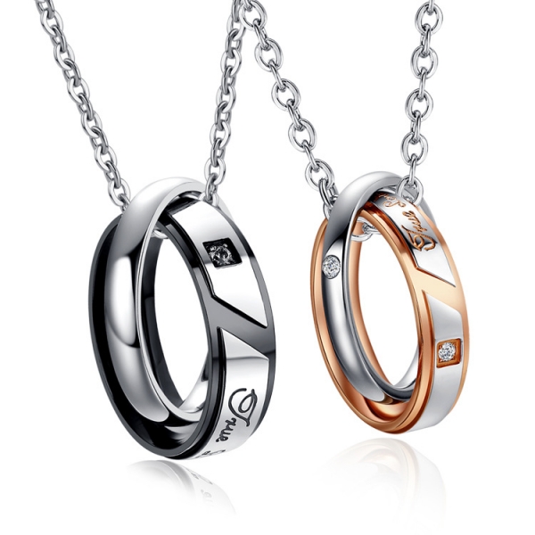 Black Gold Titanium Steel Diamante Double Rings Pendant Lovers Couple Necklace