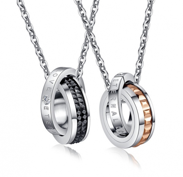 Black Gold Titanium Steel Diamante Double Rings Pendant Lovers Couple Necklace
