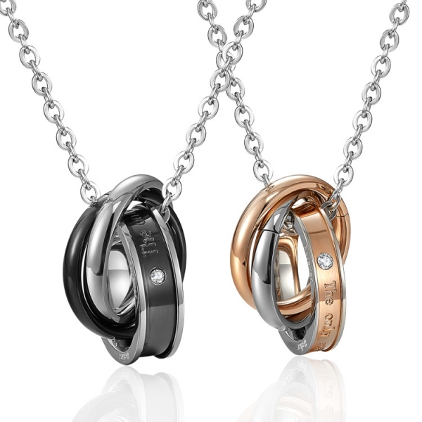 Black Gold Titanium Steel Diamante Triple Rings Pendant Lovers Couple Necklace