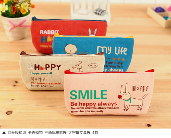 Happy Animals Cat Rabbit Dog Giraffe Canvas Pencil Case Coin Purse Makeup Bags
