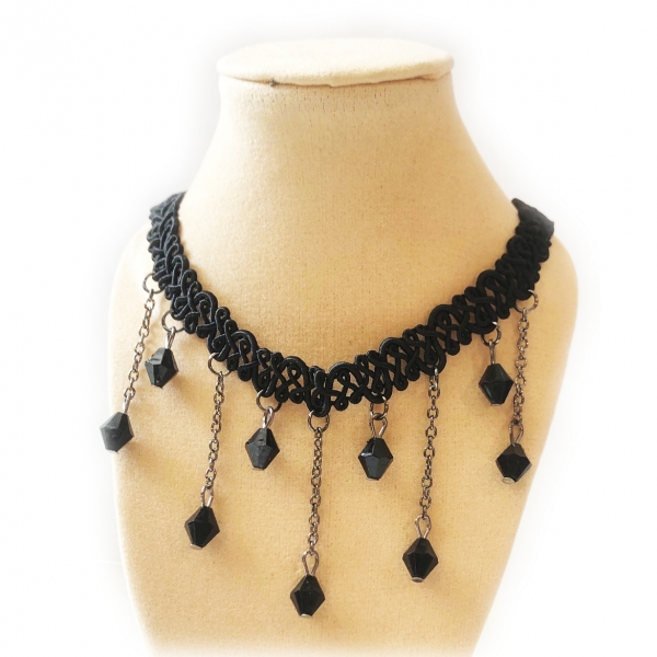 Retro Fashion Black Suede Lace Choker Necklace With Rhinestone Pendants Charm