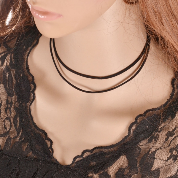 Retro Style Double Layer Black Suede Lace Choker Necklace