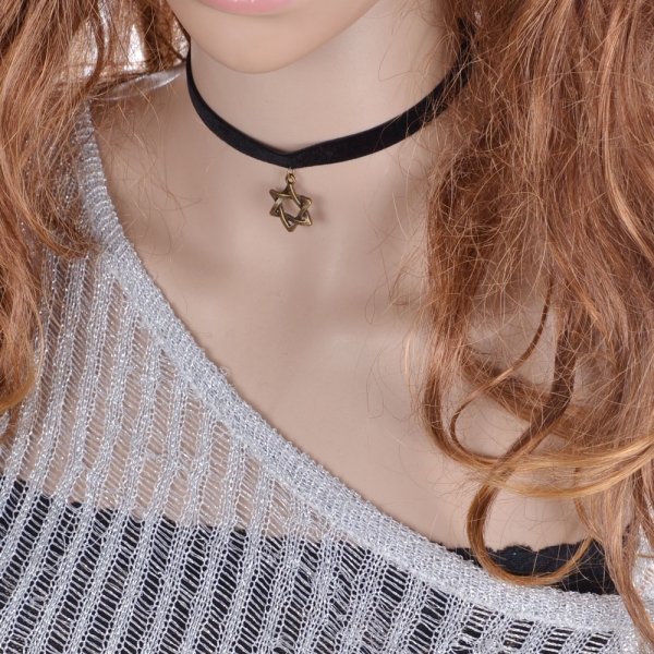 Retro Style Black Suede Lace Choker Necklace With Copper Star Pendant Charm