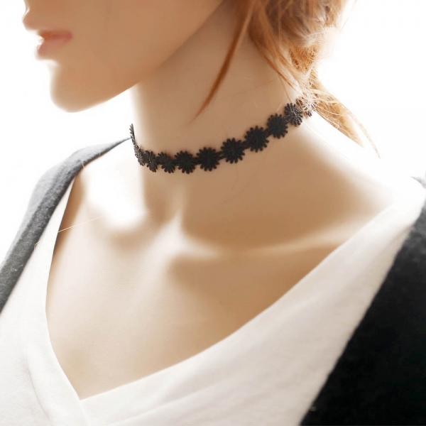 Black Sunflowers Flowers Floral Suede Lace Choker Necklace