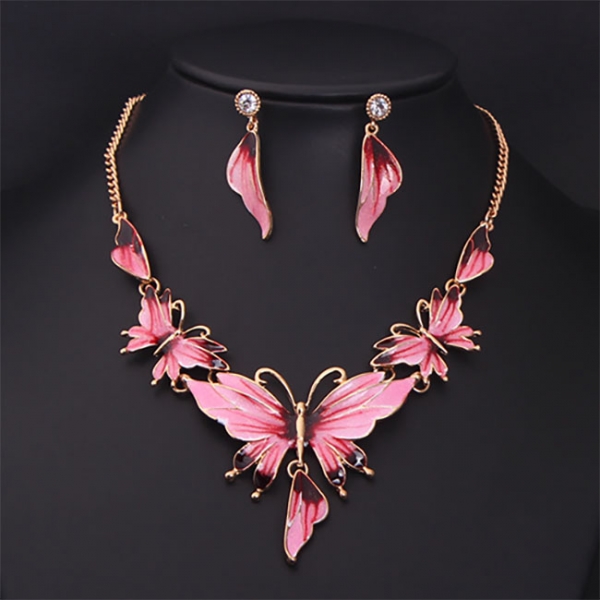 Large Elegant Pink Blue Butterflies Necklace And Earrings Set Costume Jewellery