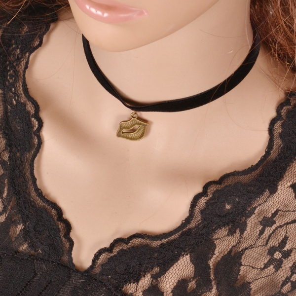 Black Suede Choker Necklace With Cooper  Lips Pendant Charm