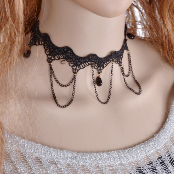 Retro Style Black Suede Lace Choker Necklace With Pearl Shape Pendant Charm