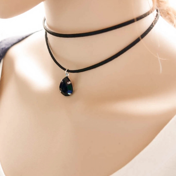 Black Suede Choker Necklace With Large Rhinestone Waterdrop Pendant Charm
