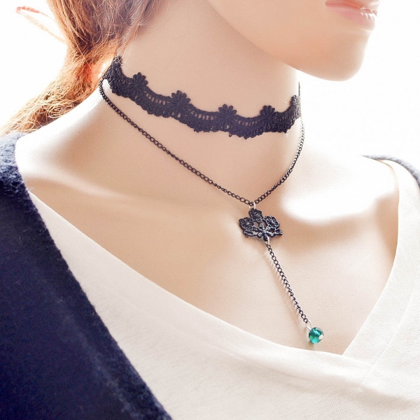 Black Suede Lace Flowers Choker Necklace With Blue Rhinestone Pendant Charm