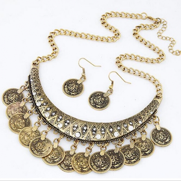Antique Gold Coins Collar Statement Necklace And Earrings Set Costume Jewellery