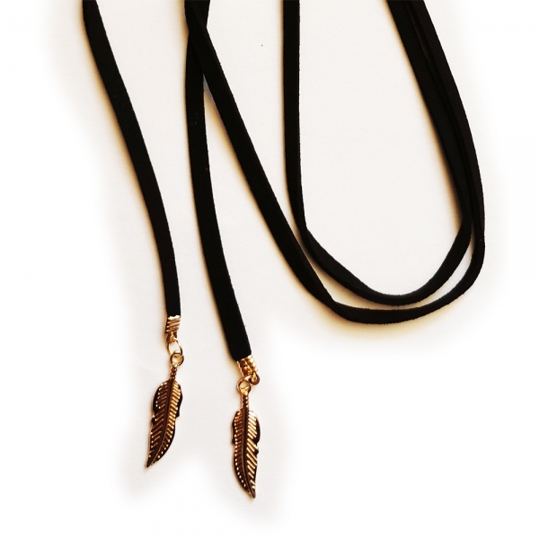 Gold Leaves Multi Layers Black Suede Choker Necklace With Two Gold Leaf Pendants