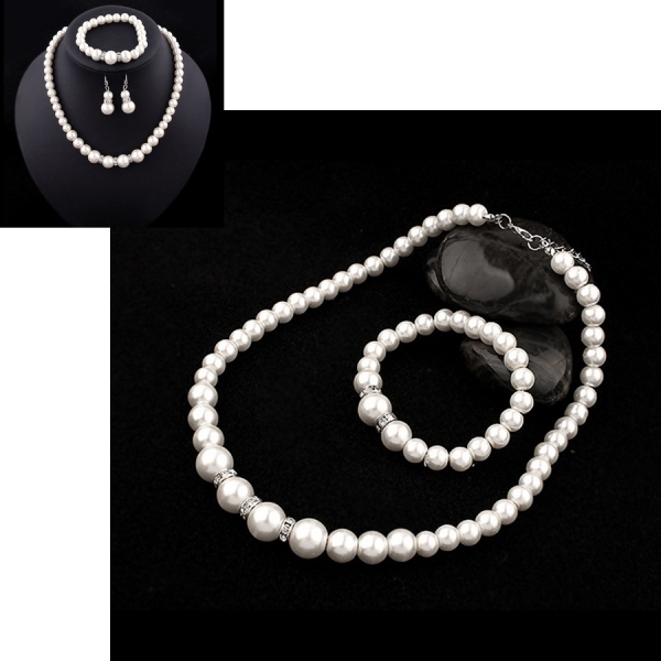 Large White Pearls Silver Necklace Bracelet And Earrings Set Costume Jewellery