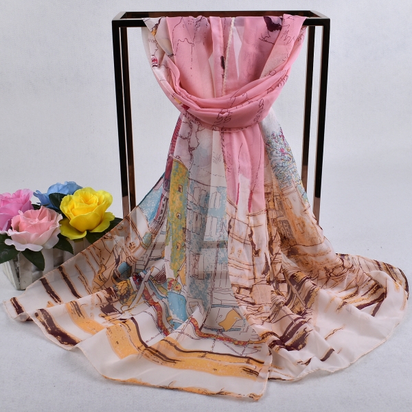 160 50cm Seaside Buildings Print X308 Fashion Ladies Scarves Chiffon Scarf Womens Shawls