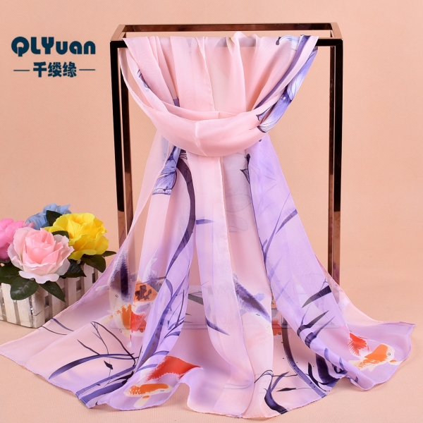 160 50cm Pond Fishes Lotus Flowers Print Floral X315 Fashion Ladies Scarves Chiffon Womens Shawls