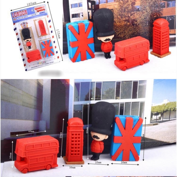 4pc I Love London British Royal Guard Red Bus Telephone Box Rubber Erasers Set