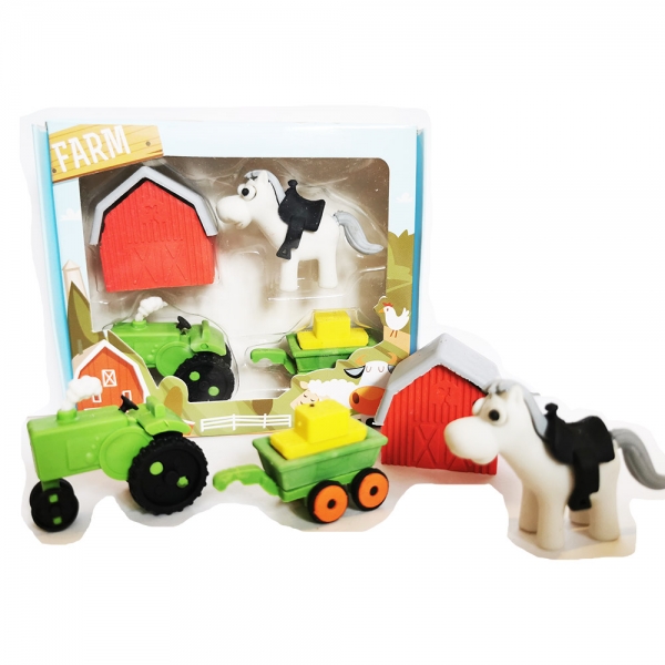 4pc Farm Barn Horse Farmers Tractor Puzzle Erasers Set Novelty Fun Kids Rubbers