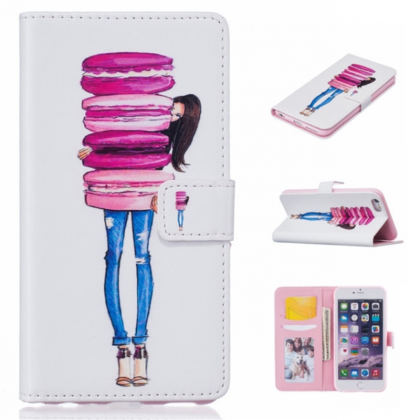Girl Holding Macaroons Magnetic Flip Card Pockets PU Leather Phone Case Wallet