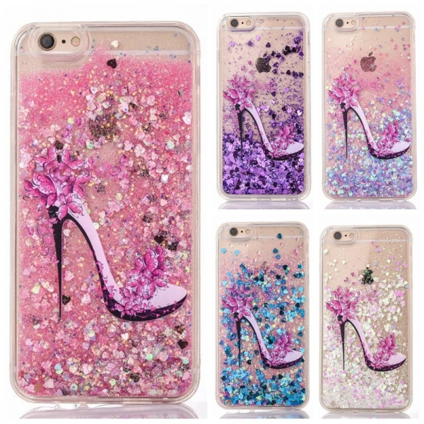 Sparkling Girls High Heel Shoe Liquid Glitter Love Hearts Hard Phone Case Cover iPhone 6 6S 7 Plus