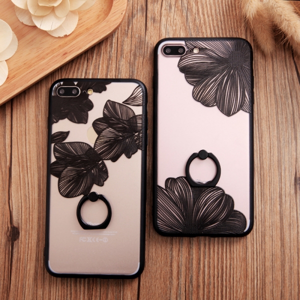 Large Black Flowers Ring Stand Holder Hard Phone Case Cover iPhone 6 6S 7 8 Plus