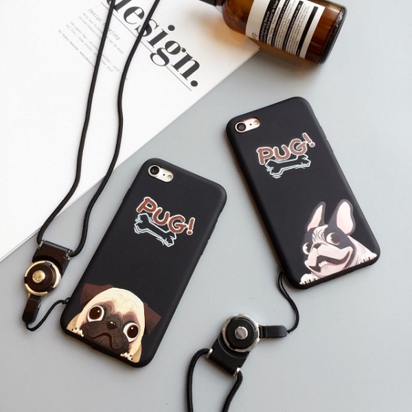 Pug Bulldog Puppy Dog Black Phone Case Silicone Soft Cover iPhone 6 6S 7 8 Plus