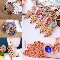 Colourful Peacock Animals Crystal Diamante Bag Charms Handbag Keyrings Pendant