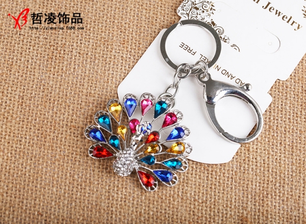 Colourful Peacock Crystal Diamante Rhinestone Bag Charms Handbag Keyring Pendant