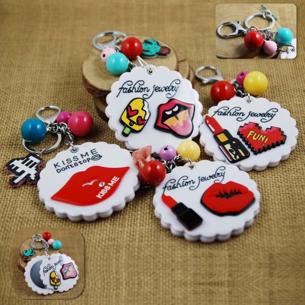 Girls Fashion Emoji Keyrings With Mirror And Bell Cute Novelty Key Chain