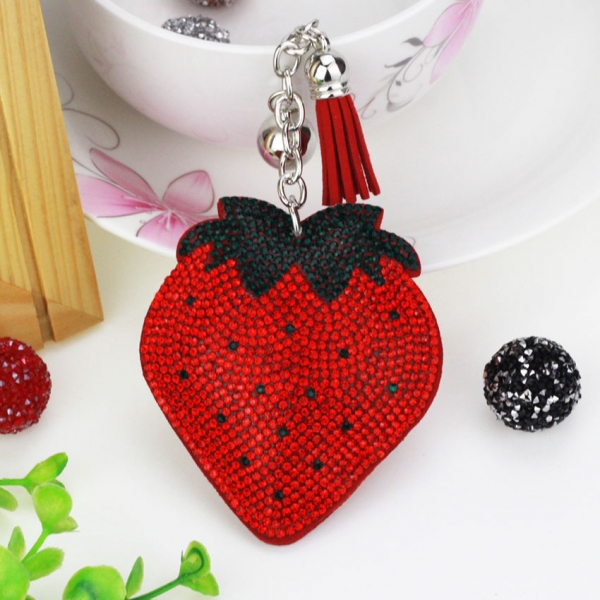 Strawberry Shape PU Leather Crystal Diamante Rhinestone Bag Charms Handbag Keyring Pendant Key Chain