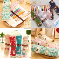 Fashion Animals Flowers Pattern Roll Up Wrap Canvas Fabric Pencil Case Pen Pouch