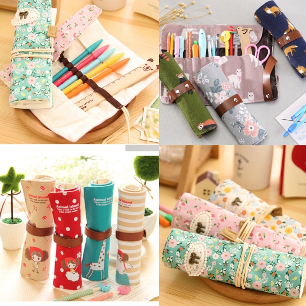 Fashion Animals Flowers Pattern Roll Up Wrap Canvas Fabric Pencil Case Pen Pouch