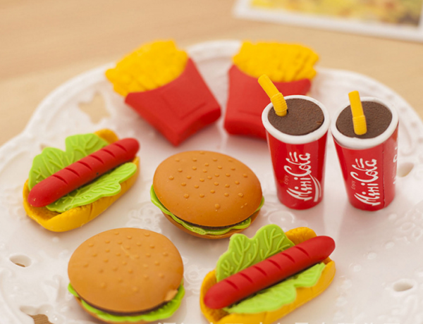 Fast Food Erasers Burger Sandwich Hotdog Chips Fizzy Drink Pizza Ice Cream Ice LollyRubbers