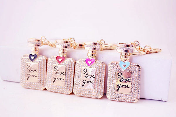 Sparkling Crystal Diamante Gold Perfume Bottle Handbag Charm Bag Pendant Keyring