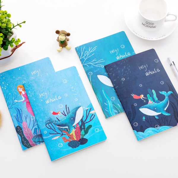 Little Red Girl Blue Whale A5 Cute Notebooks Lined Note Books Large Notepads