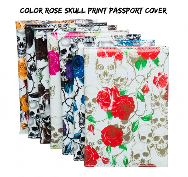 Luxury Skeleton Skull Rose Flowers PU Leather Passport Cover Travel ID Wallet