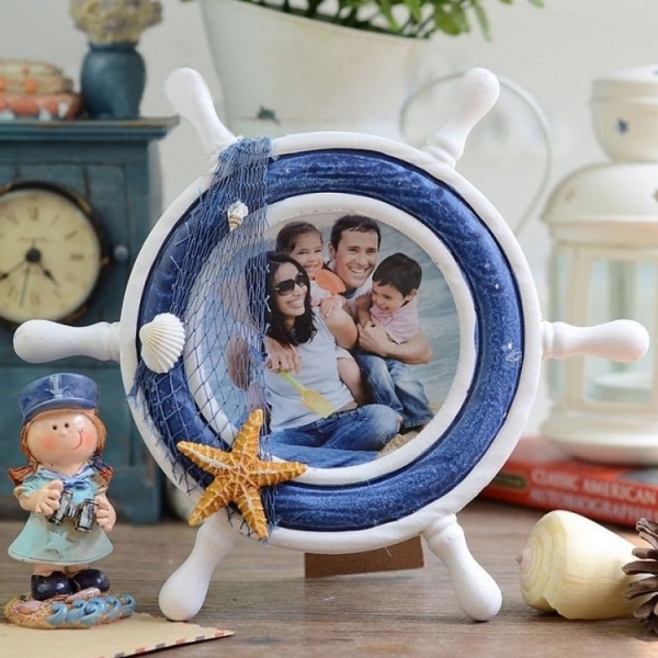 Seaside Cruise Holiday Ship Wheel Wooden Freestanding Photo Frame Fishing Net