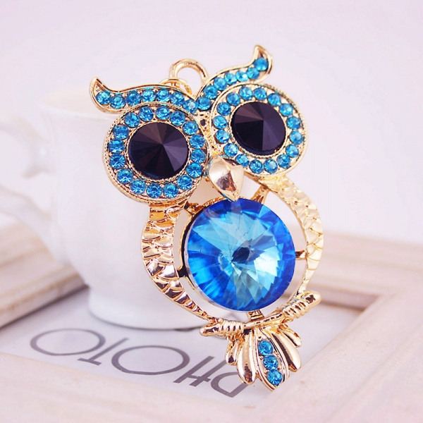Large Owl Blue Crystal Diamante Rhinestone Bag Charms Handbag Keyrings Pendant
