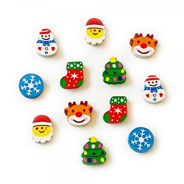 6pc Santa Claus Christmas Tree Reindeer Snowman Rubber Erasers Stocking Fillers