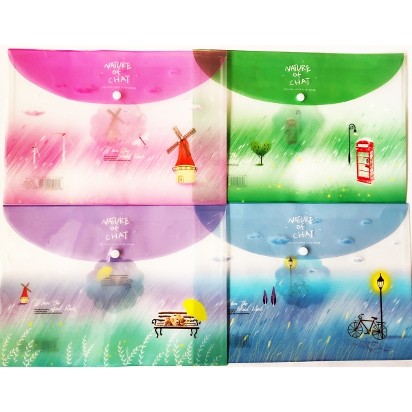 4pk Cute Countryside Village Fashion A4 Plastic Document Wallets File Folders