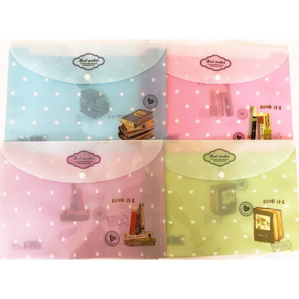 4pk Library Bookshelf  Books Fashion A4 Plastic Document Wallets File Folders