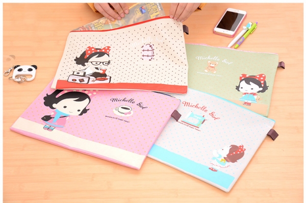 Adorable Girl White Cat Canvas Fashion A4 Plastic Document Wallets File Folders