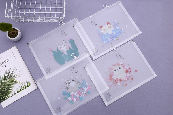 4pk Cats In Flowers Fashion A4 Plastic Document Wallets With Zipper File Folders