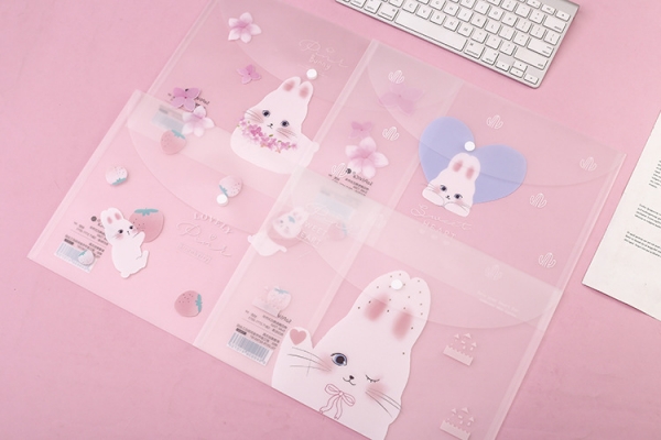 4pk White Rabbits Pet Animals Fashion A4 Plastic Document Wallets File Folders