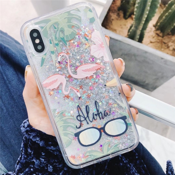 Flamingo Glitter Liquid Hard Phone Case Cover iPhone 6 6S 7 8 Plus X XR XS Max